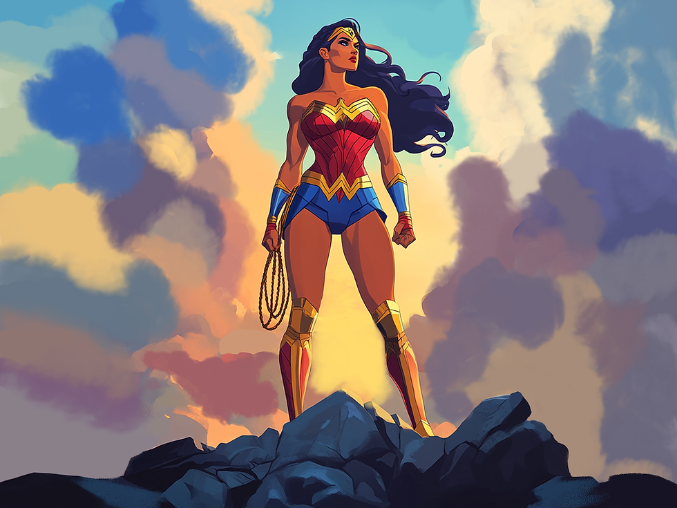 Heroic woman in red-and-blue costume stands confidently on rocks, holding a lasso against a vibrant sky with colorful clouds. Wonder woman.