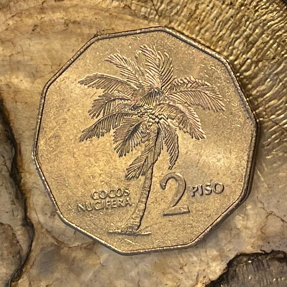 Octagonal coin with a palm tree engraving, text "COCOS NUCIFERA" and "2 PISO." Coin on a textured surface. Gold-toned.