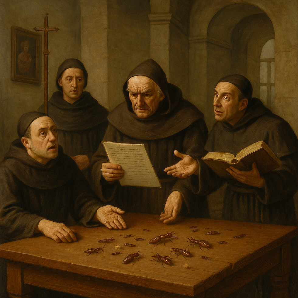 Monks in brown robes gather around a table with insects, engrossed in discussion. One reads a document, another holds an open book. Archway background.
