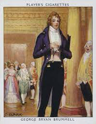 Elegant man in early 19th-century attire stands in opulent room, hand on chest. People socialize in background. Text: "Player's Cigarettes."