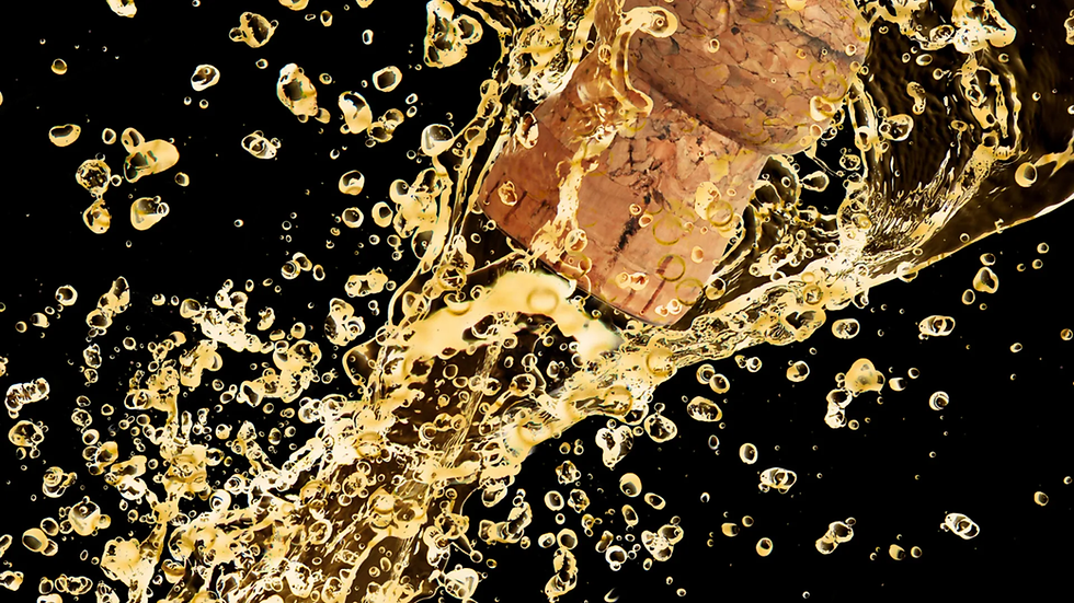 Cork popping from a champagne bottle, golden liquid and bubbles flying against a black background, creating an energetic and celebratory scene.