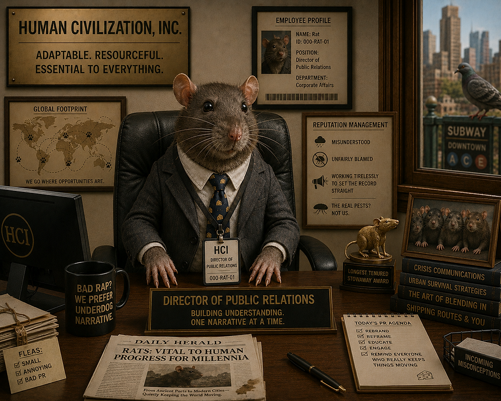Suited rat sits at a PR desk, surrounded by corporate posters, mug, newspaper, and agenda; city pigeon outside window.