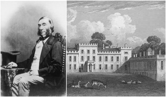Split image: seated 19th-century man in suit on left, and a grand manor with clouds and figures on lawn on right.