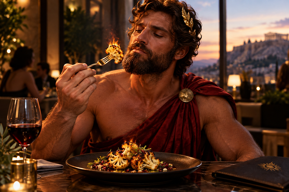 Bearded man in red toga and gold laurel tastes flaming cauliflower at a candlelit rooftop restaurant at sunset. Prometheus and fire-roasted cauliflower.