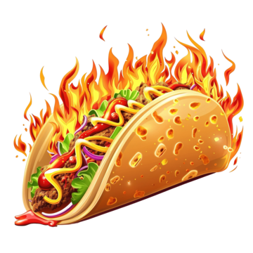 A flaming taco with vibrant toppings including lettuce, cheese, and sauces, set against a clear background, conveying a spicy, fiery mood.