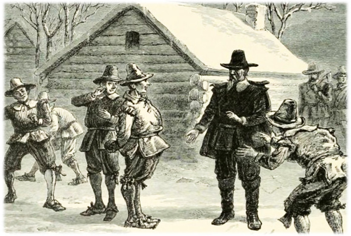 Pilgrims in winter clothing stand outside a log cabin, engaged in conversation. A snowy landscape surrounds them; mood is tense.