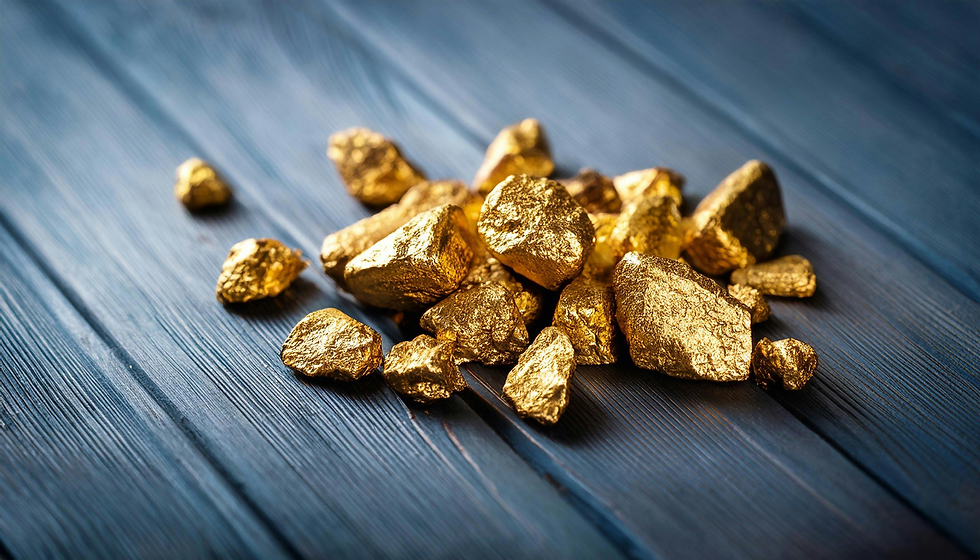 Pile of gold nuggets on a dark blue wooden surface, glowing in warm light with a luxurious, rich feel.