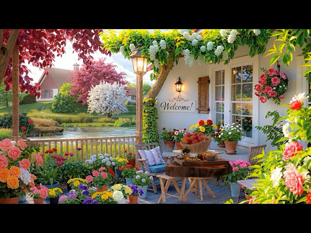 Charming garden patio with colorful flowers, a wooden table set for tea, and a "Welcome!" sign. Peaceful lake and houses in the background.