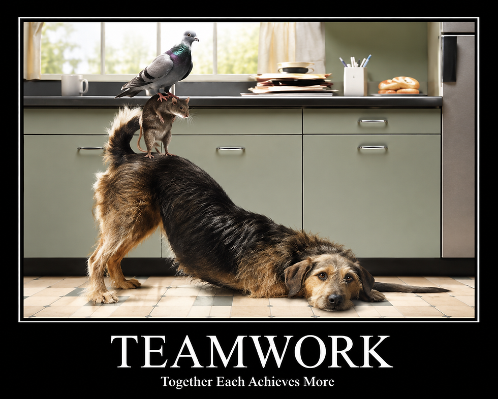 Dog stretched on kitchen floor with a rat on its back and a pigeon on the rat; poster reads TEAMWORK, Together Each Achieves More