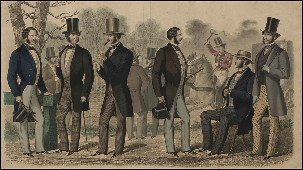 Victorian men in top hats converse outdoors with horse and carriage in background. One man sits; others stand. Muted colors and formal attire.