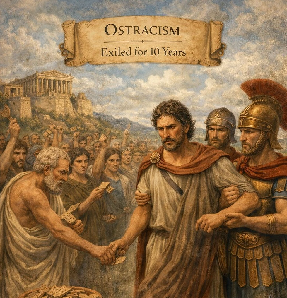 Ancient Greek crowd exiles a man at a temple, with soldiers holding him; banner reads OSTRACISM Exiled for 10 Years from Athens.
