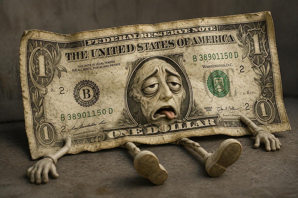 Worn one-dollar bill with a tired human face, arms and legs, sitting on a floor; text reads FEDERAL RESERVE NOTE and ONE DOLLAR.
