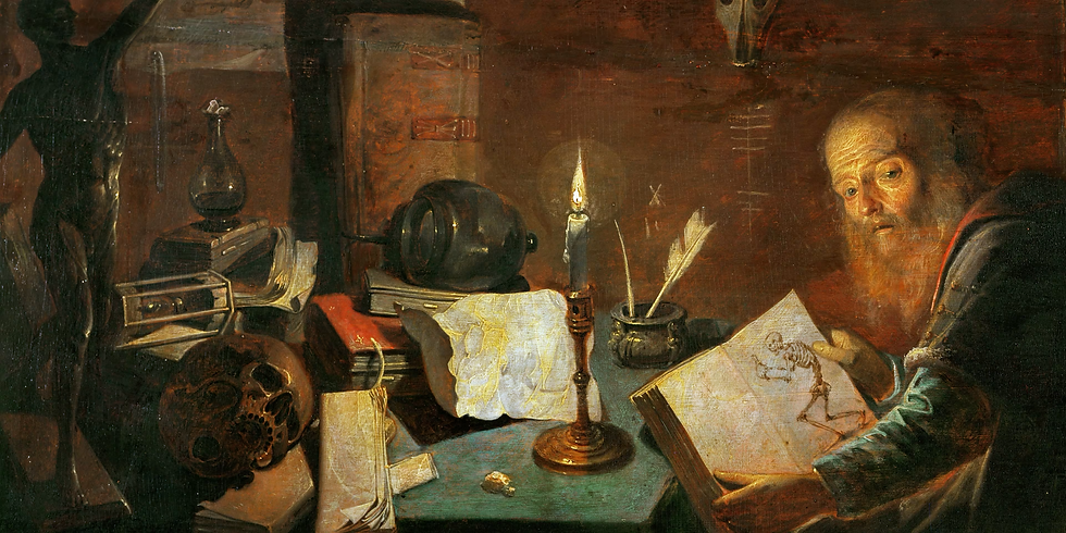 Old bearded man studies a book by candlelight at a cluttered desk with books, papers, and odd instruments.