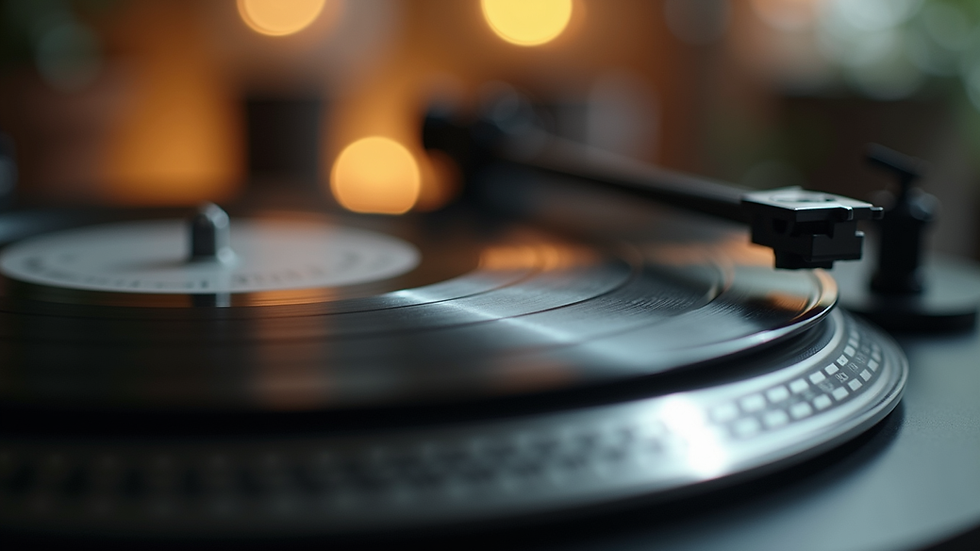 Close-up view of a high-quality turntable with vinyl records