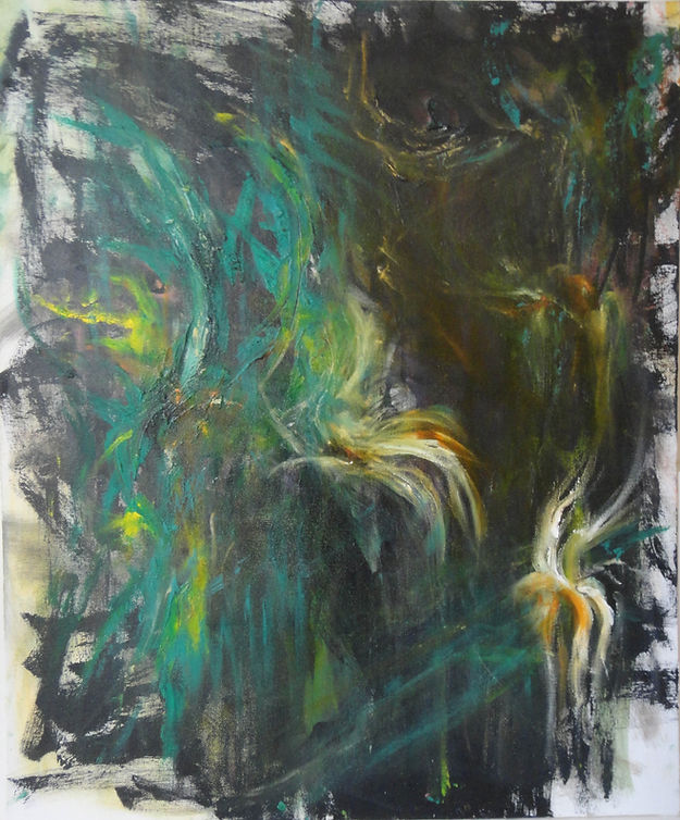 This one-of-a-kind painting carries elements of undiscovered, wild green areas and her unique floral motifs. Aylin used her fingers and cotton swaps to create textured greenery by mixing oil paints with fiber paste. The glossy orange glaze on matt black background, sloppy brush strokes, and unfinished edges gives this painting a pleasing depth through layers.   Professional grade oil paint, fiber paste and black gesso on archival quality canvas panel. 