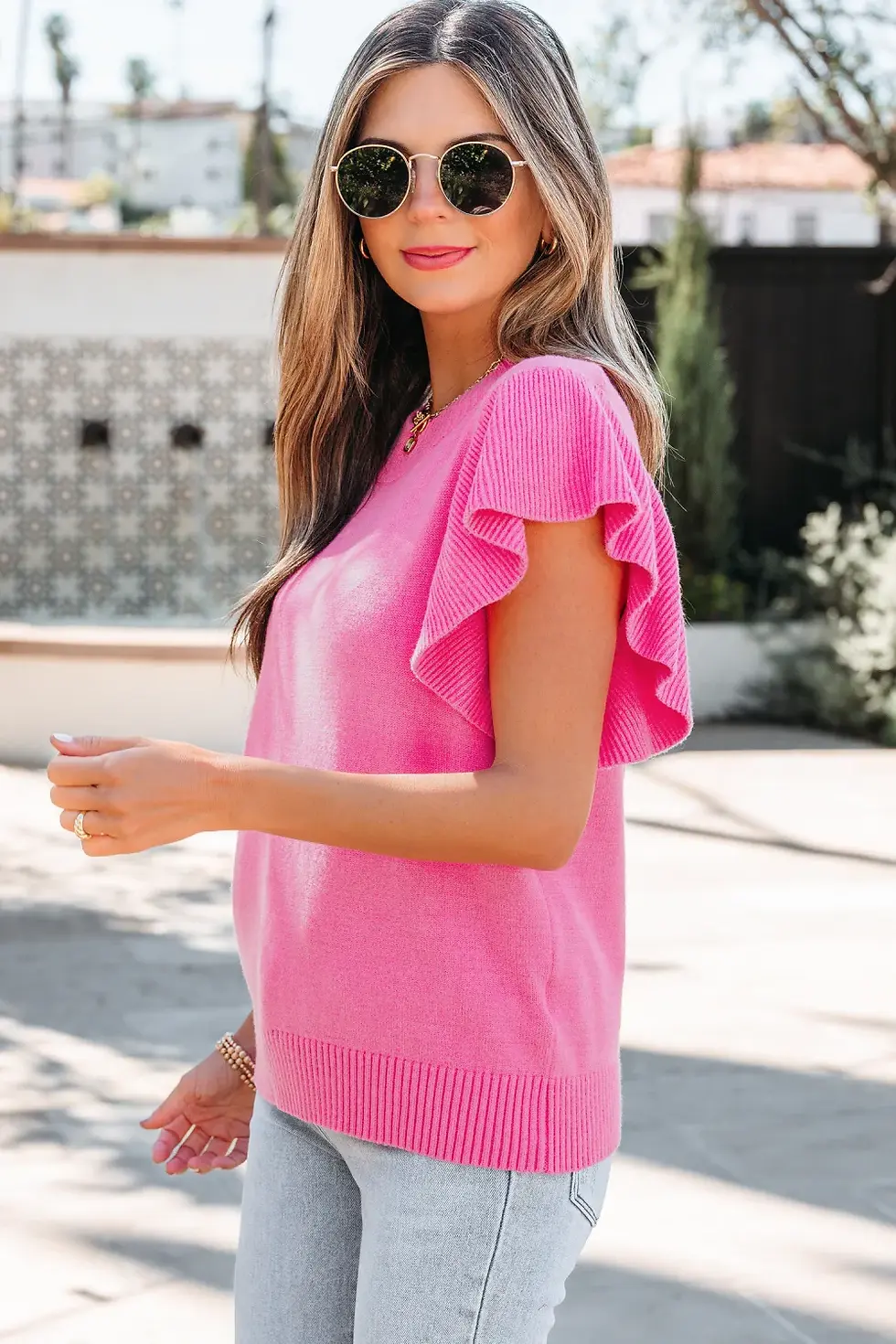 Thumbnail: lightweight pink ruffle sleeve sweater