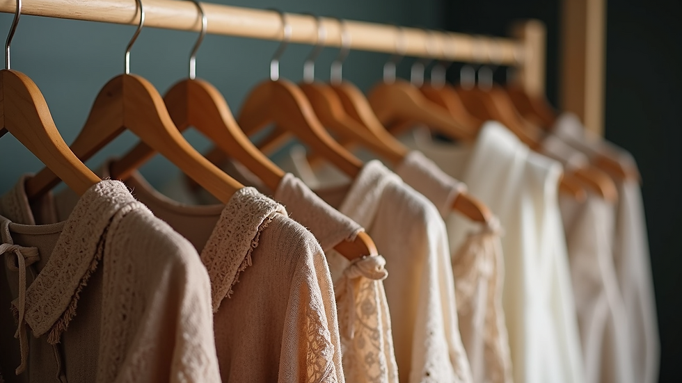 Close-up view of a bohemian style dress hanging on a wooden rack