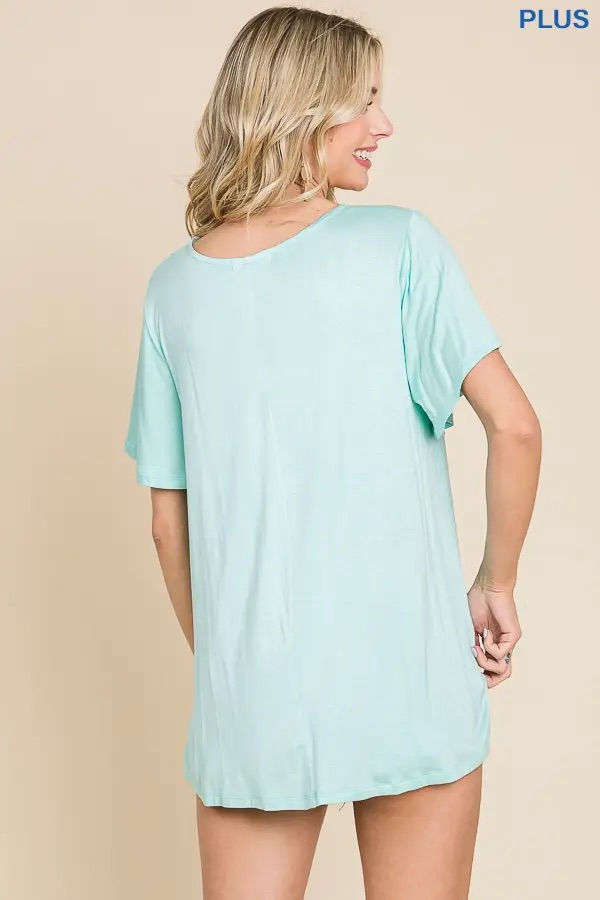 Thumbnail: Mint Ocean Blue Lace Neck Embroidered Blouse 