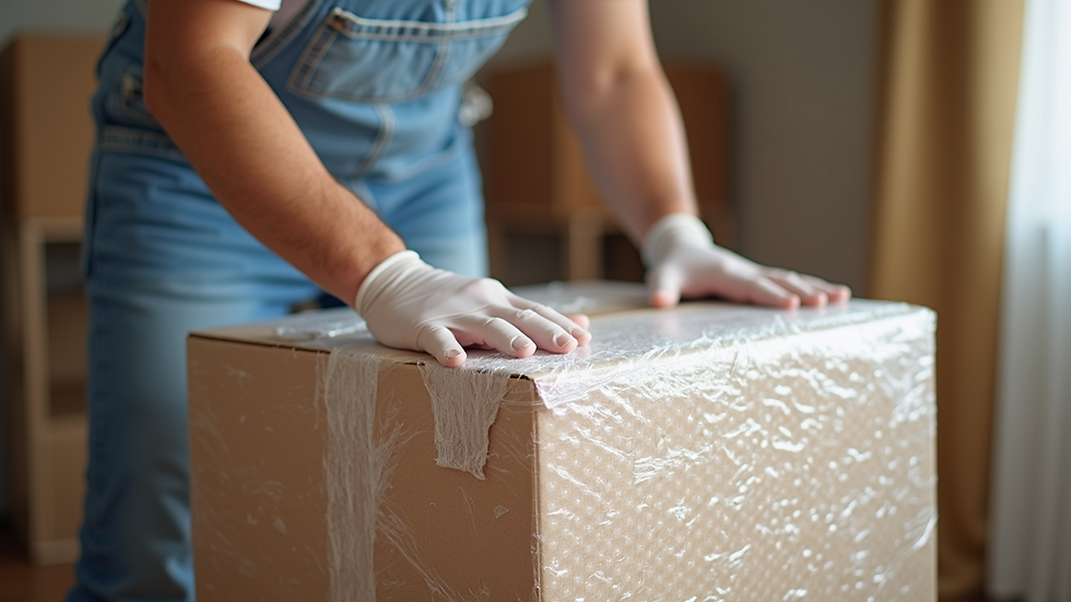 Eye-level view of professional movers carefully wrapping fragile items with bubble wrap