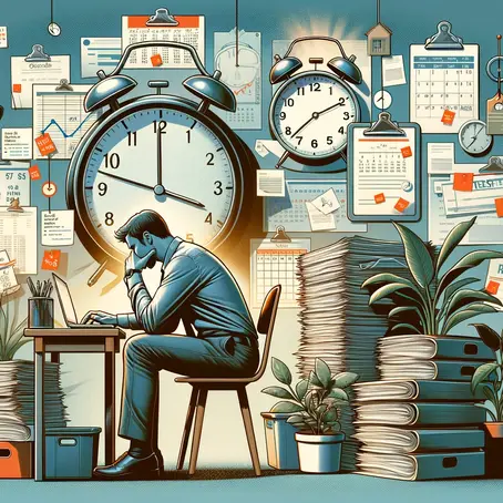 un homme devant son écran entouré de nombreux dossiers, des post-it collés sur le mur, des horloges et des calendriers