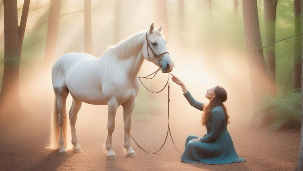 AI image of a white horse and a lady caring for the horse
