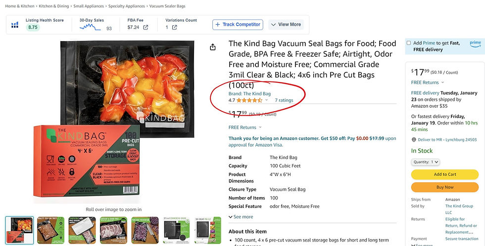Amazon listing focusing on the product brand name before the brand name change.