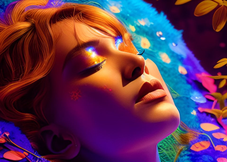 A digital art representing a woman experiencing bliss and joy by releasing mental health trauma and connecting with Mother Earth during ketamine treatment in Los Angeles.