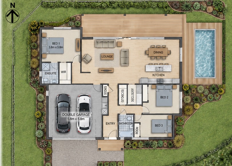 Approx. 165 m² total floor area · 3 bedrooms · 2 bathrooms · Double internal-access garage