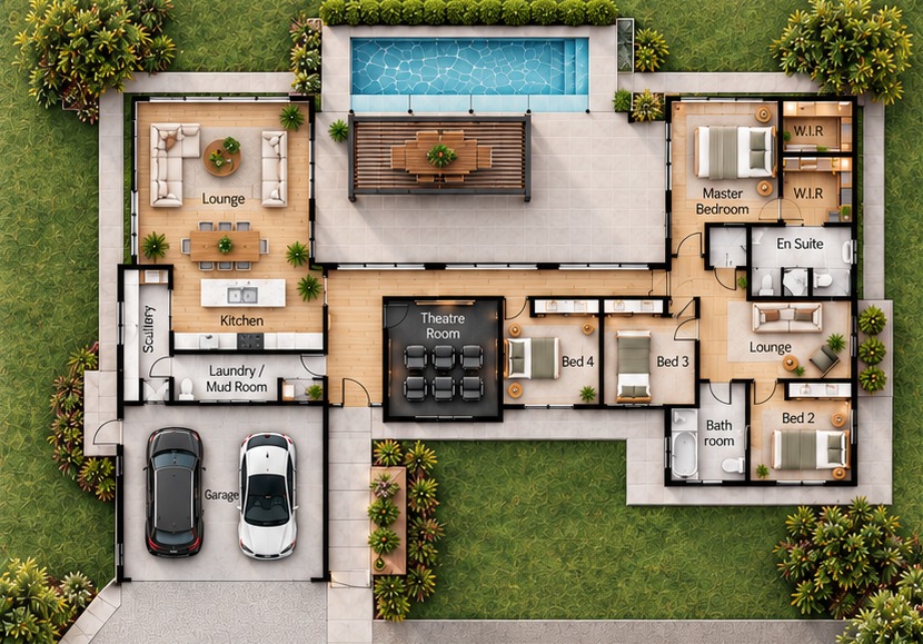 Approx. 320 m² total floor area · 4 bedrooms · 3 living areas · 2.5 bathrooms · Double internal-access garage