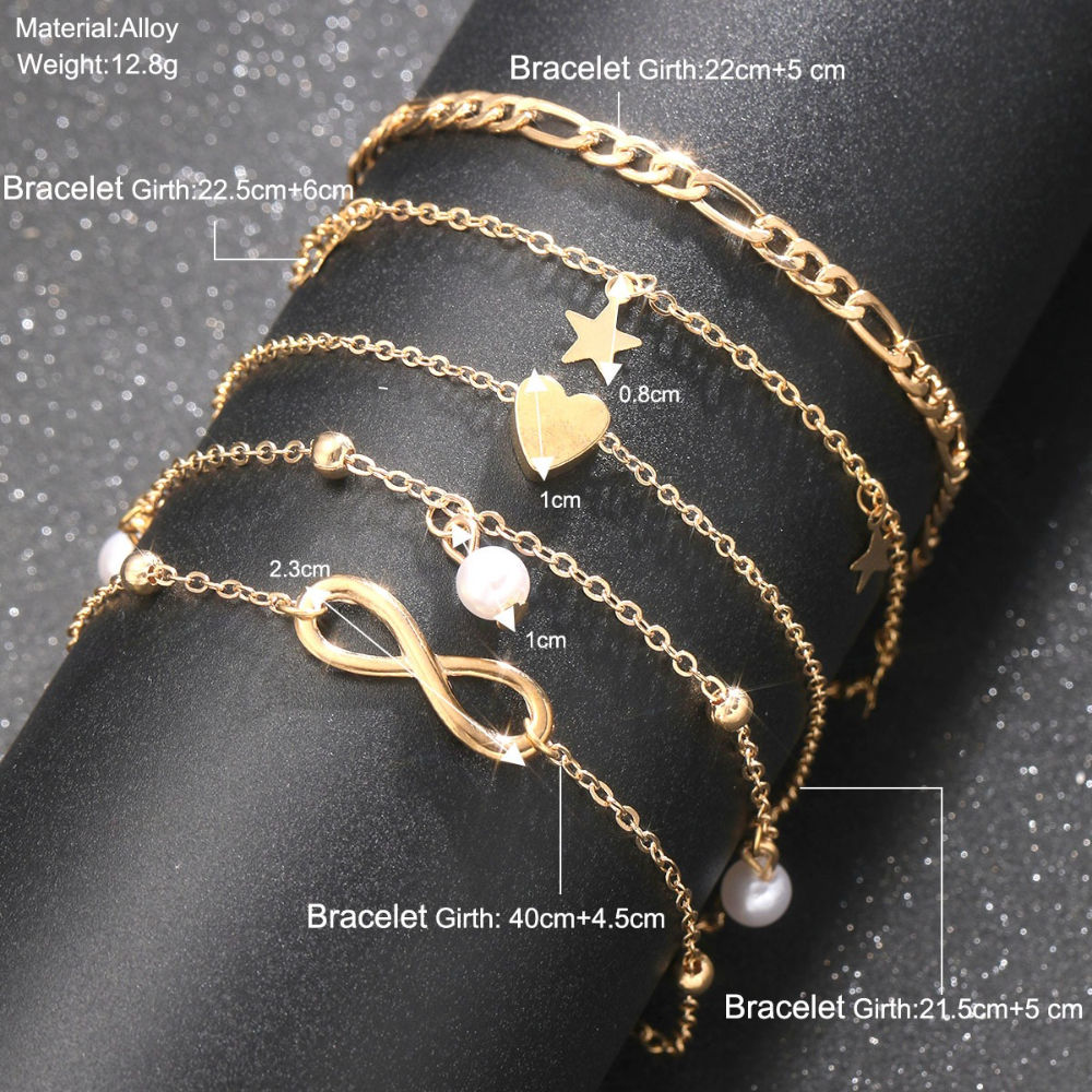 5pcs Boho Summer Beach 8 Infinite Charm Anklet Set Women Chain on Leg Pearl Butt