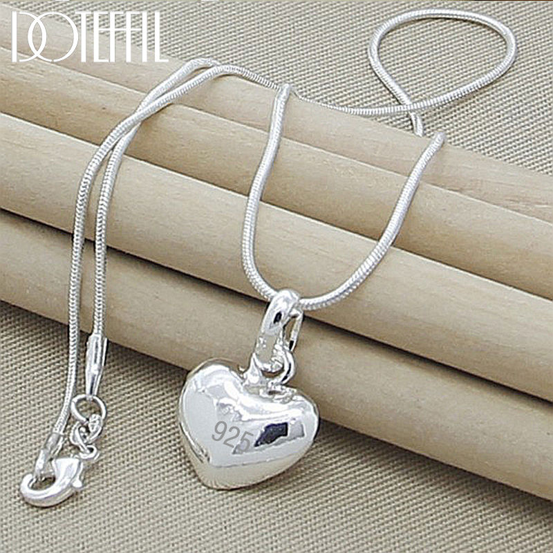DOTEFFIL Silver Color Solid Small Heart Pendant Necklace 16-30 Inch Snake Chain
