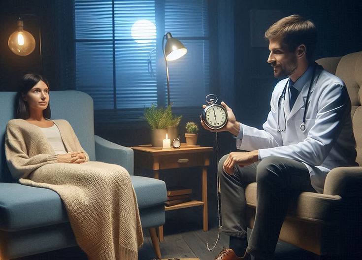 egy nő üll a kanapen szembe egy doktorral aki egy órát tart e kezében