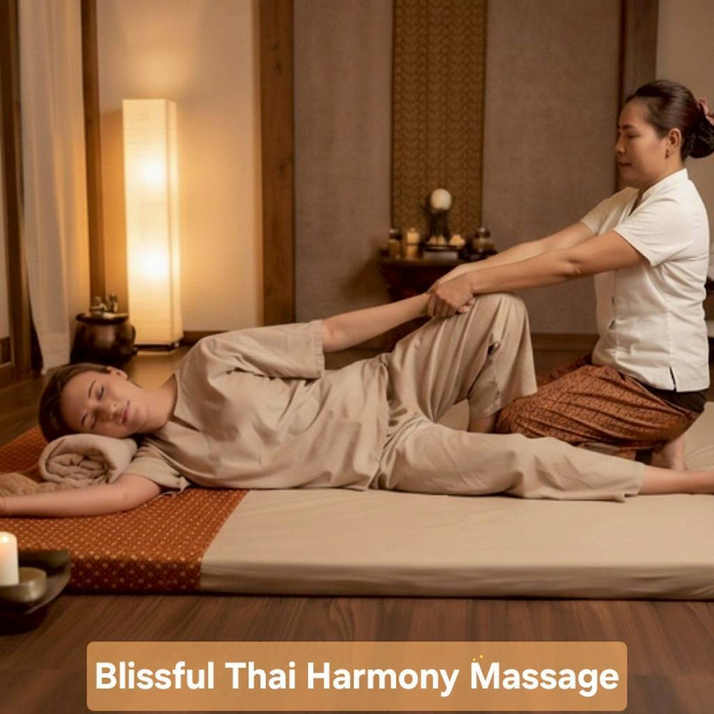 Thai therapist performing traditional assisted stretching for a relaxing home spa experience in Dubai.