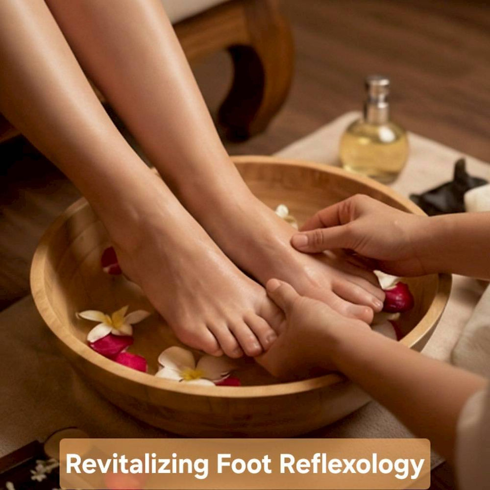 Close-up of a relaxing foot reflexology treatment with aromatic floral water by Thai Serenity Massage.