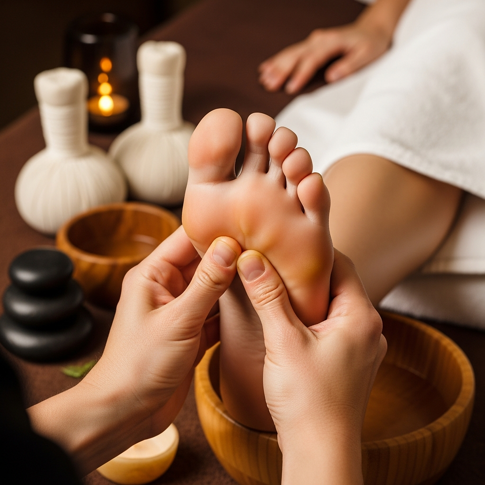 Close-up of a relaxing foot reflexology treatment to improve circulation by Thai Serenity Massage.

