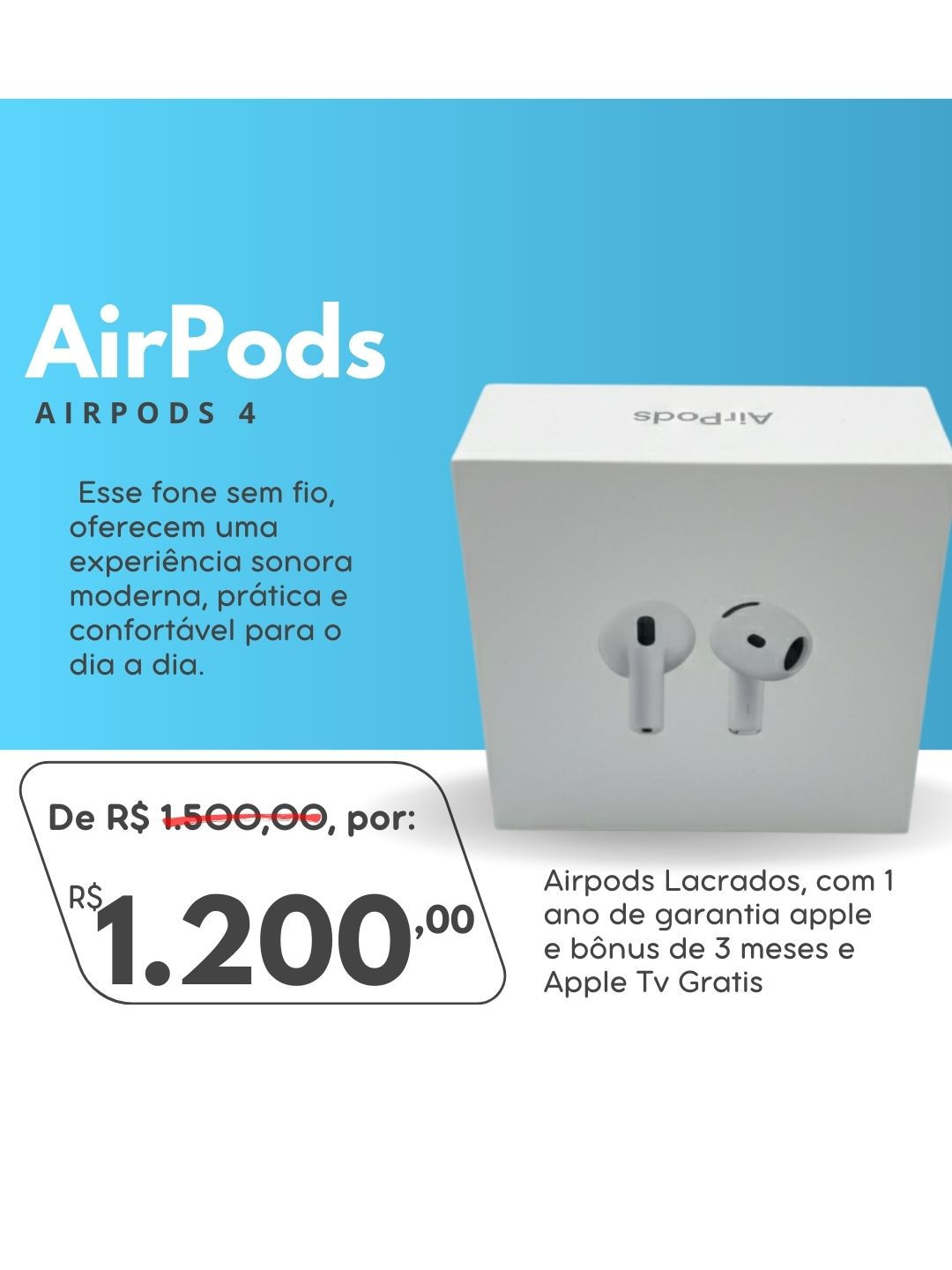 AirPods 4 Apple Original Branco, Fone De Ouvido Sem Fio IOS