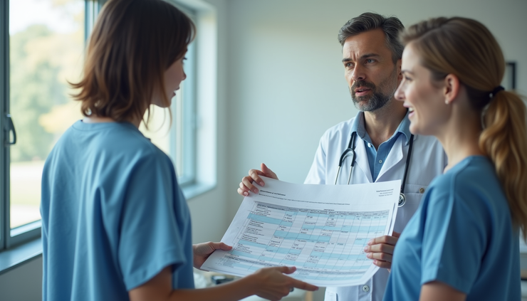 Eye-level view of a healthcare provider explaining a medication schedule to a patient using a colorful chart