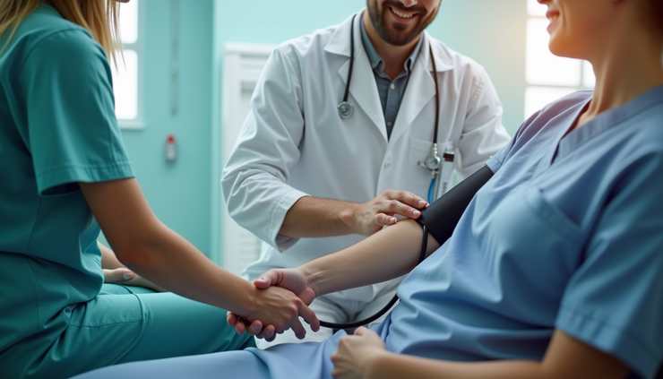 Eye-level view of a healthcare professional measuring blood pressure during a routine check-up