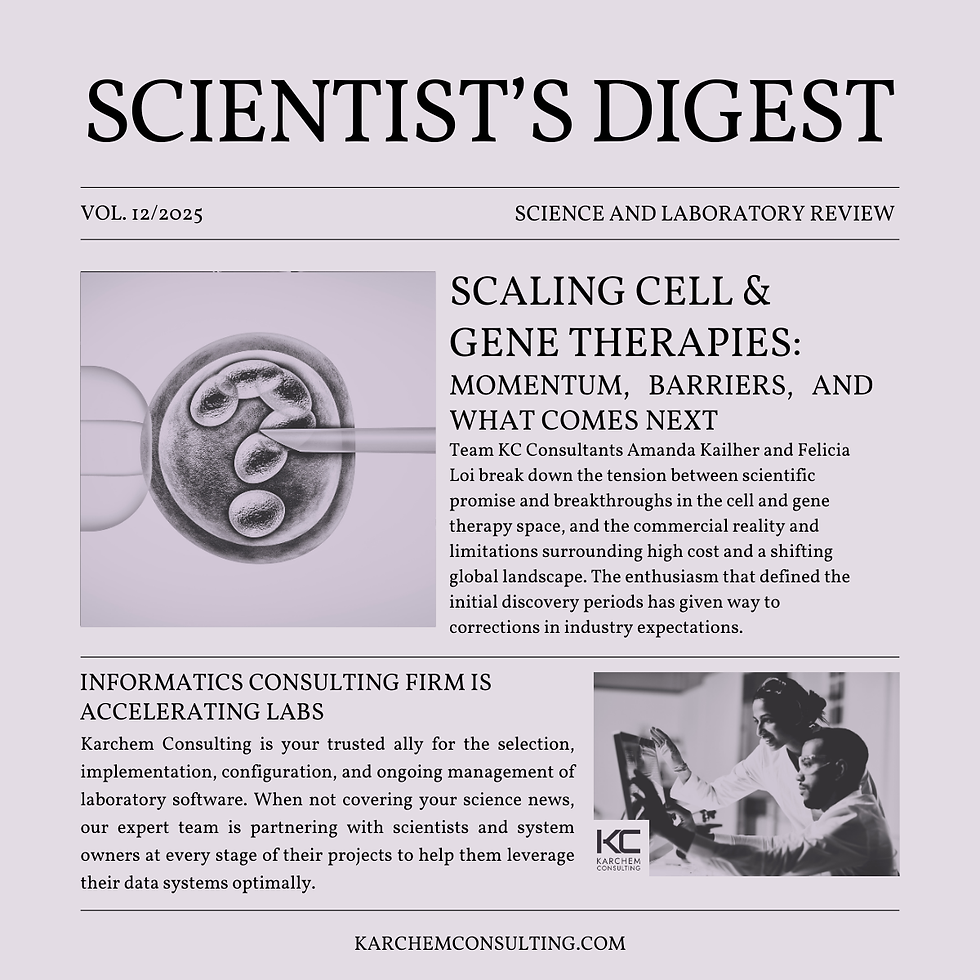 Magazine cover titled "Scientist's Digest," featuring an article on cell and gene therapy progress. Includes a lab photo and consulting ad.