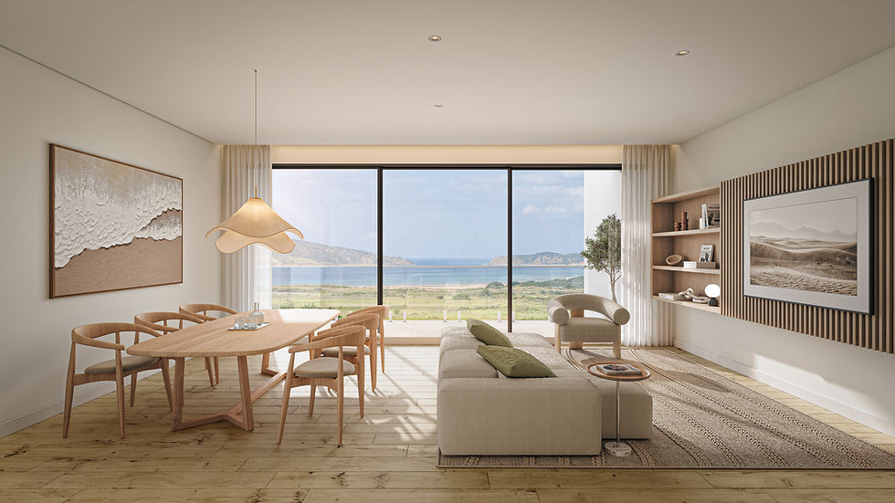 Artist's impression of open plan dining and living room, with floor to ceiling windows overlooking the bay in Sao Martinho do Porto.