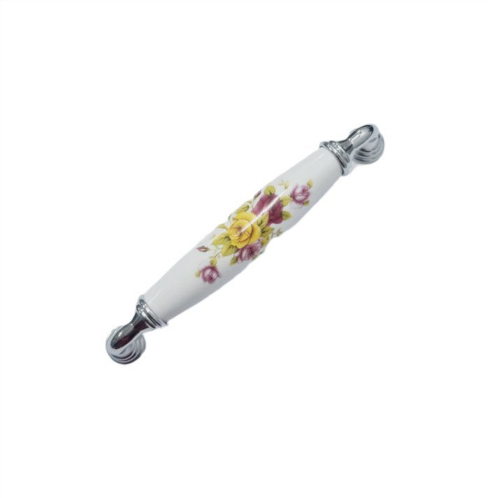 Beyaz Porselen Kulp – Sarı Çiçek Desenli | Krom Ayaklı | 128 mm | 5’li Set