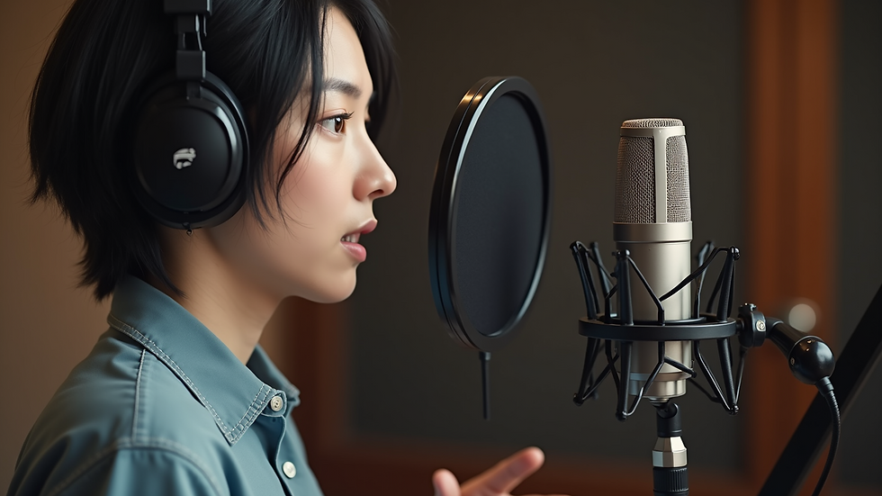 Close-up view of a voice actor recording anime dialogue in a professional studio