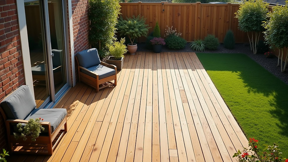 High angle view of spacious backyard with new wooden deck