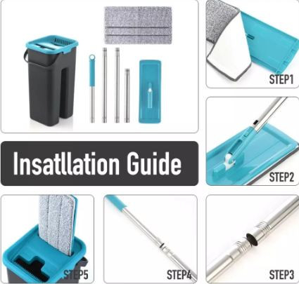 Miniatura: Flat mop with microfiber pads and bucket for wringing, floor cleaning, wet or dr