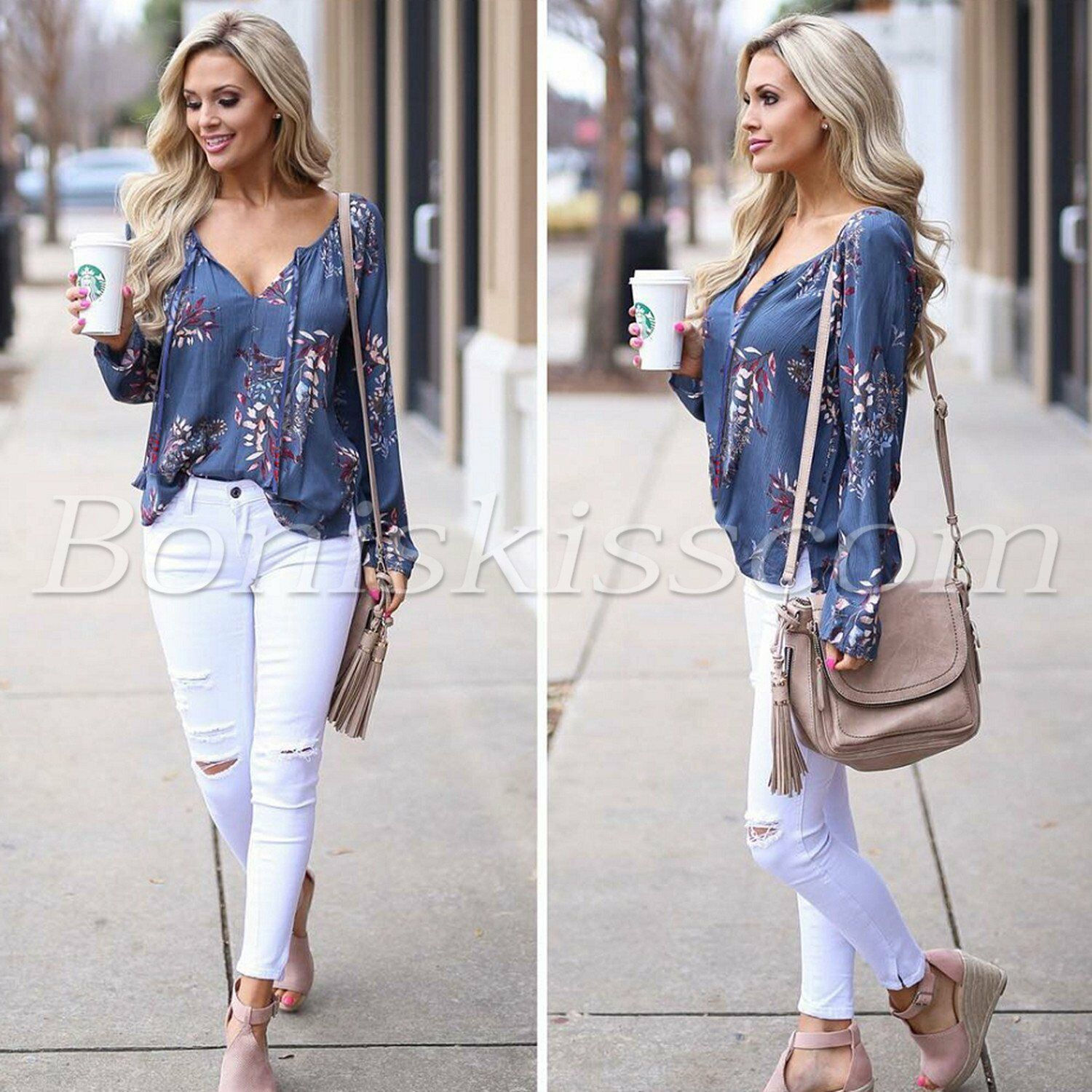 Blusa de gasa floral para mujer, manga larga, cuello en V, tops de verano, camis