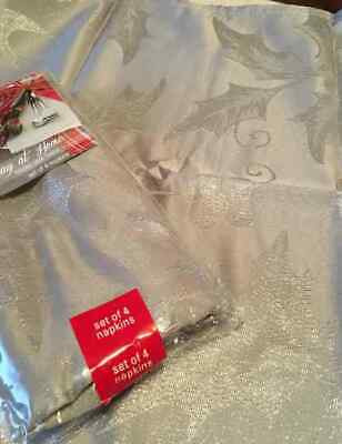 Elrnen Silver Metallic Holly Sheets Set of 4 Napkins Christmas New