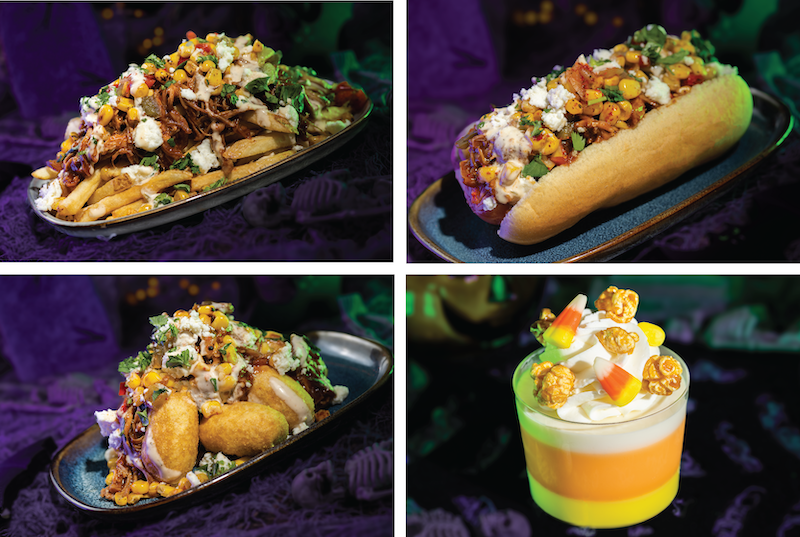 Four plates of loaded fries, hot dog, nachos, and candy-topped dessert against a purple and green spooky background.