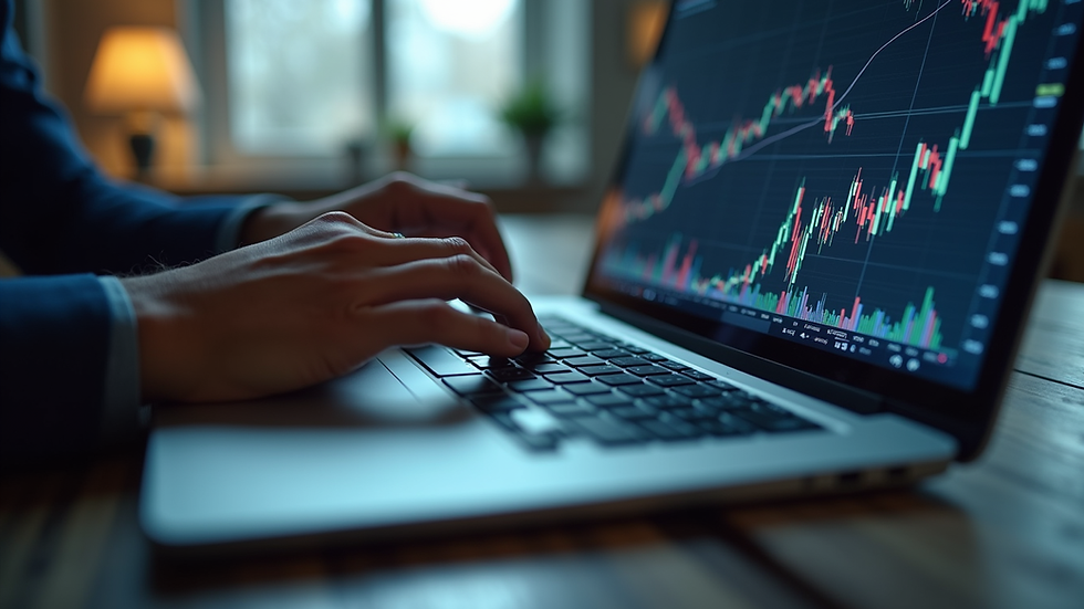 Eye-level view of a person analyzing financial charts on a laptop