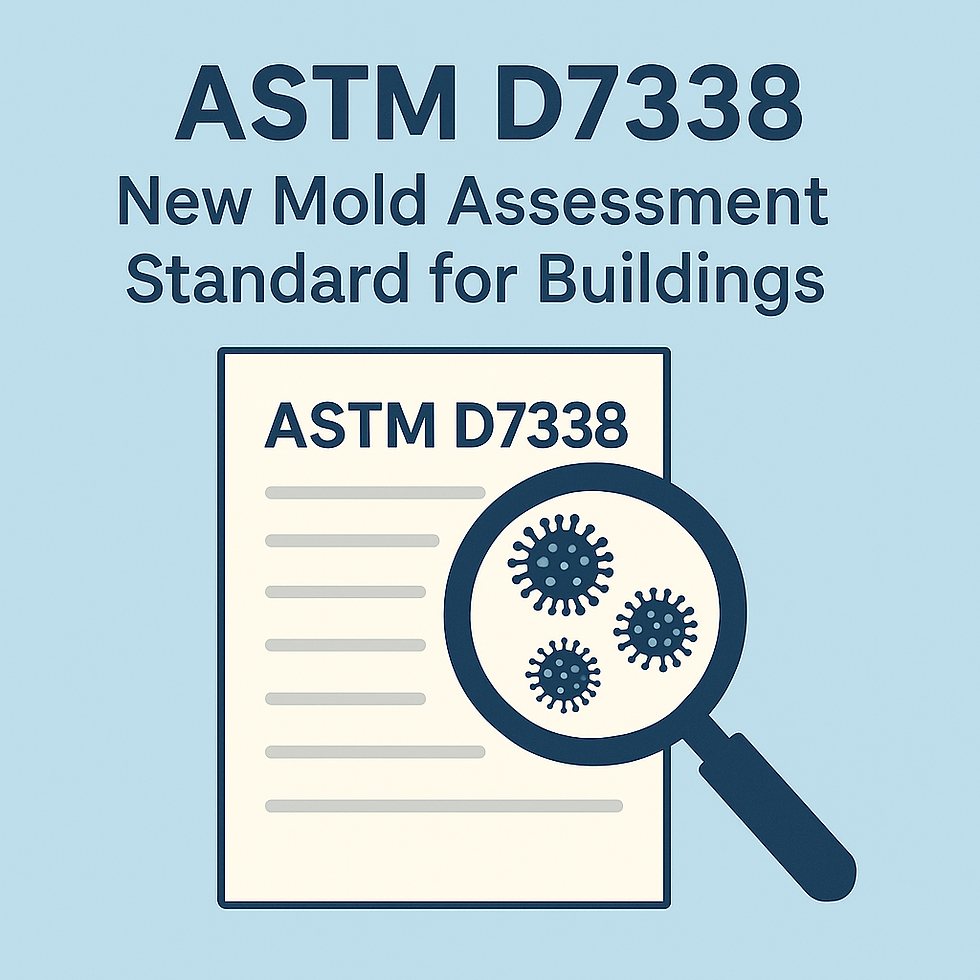 Digital illustration showing a document labeled 'ASTM D7338' with a magnifying glass highlighting mold spores, representing the new mold assessment standard for buildings.