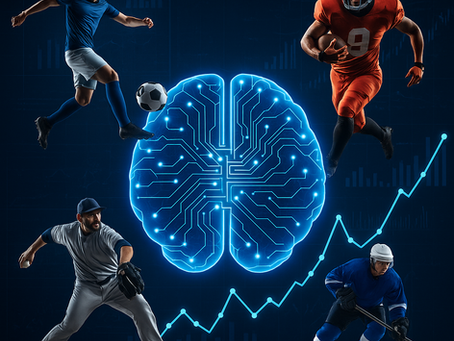 AI brain connected to multiple sports icons including football, basketball, baseball, hockey, and soccer with data charts and analytics in the background.